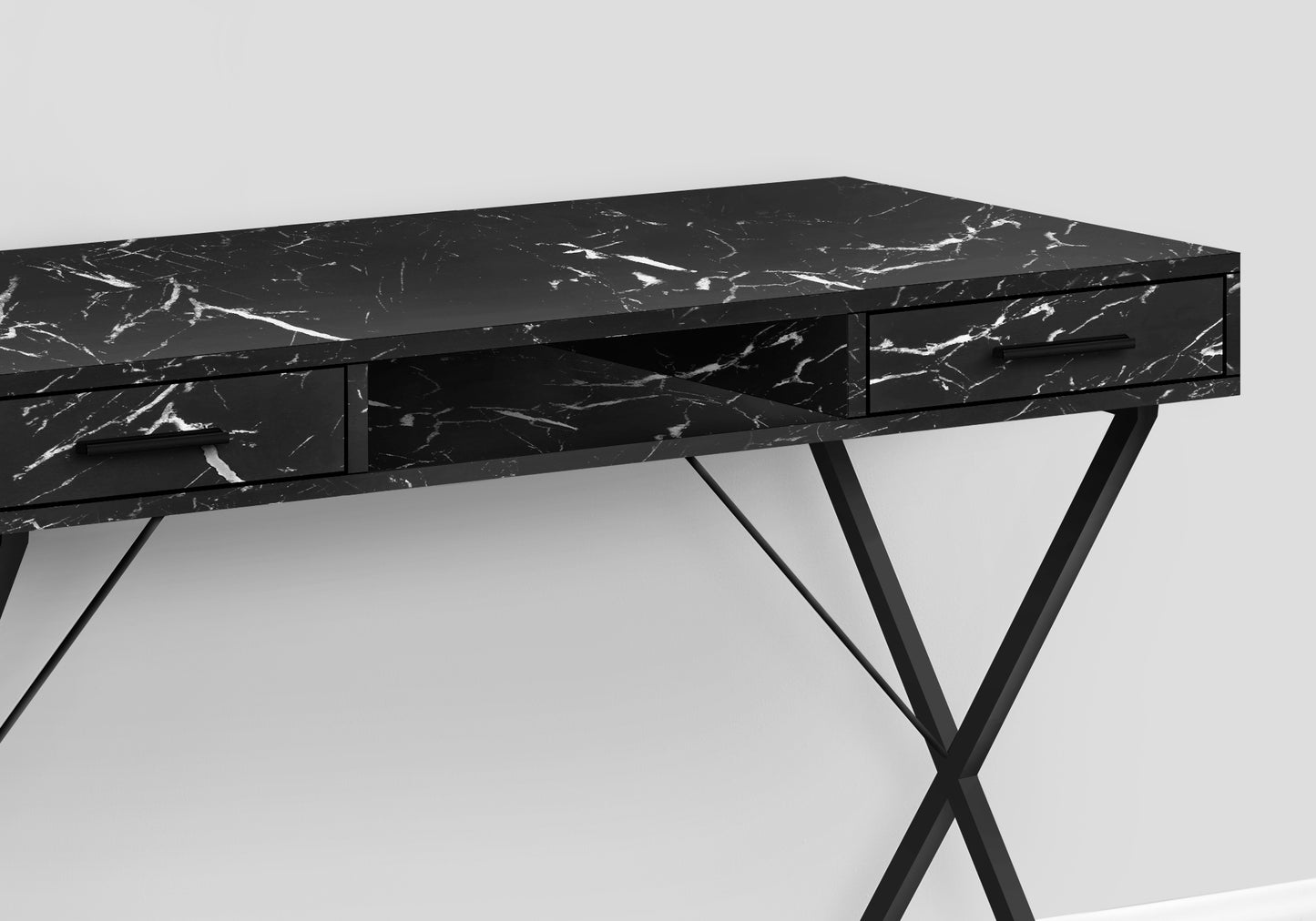 Computer Desk, Home Office, Laptop, Left, Right Set-up, Storage Drawers, 42"l, Work, Black Marble Look Laminate, Black Metal, Contemporary, Modern