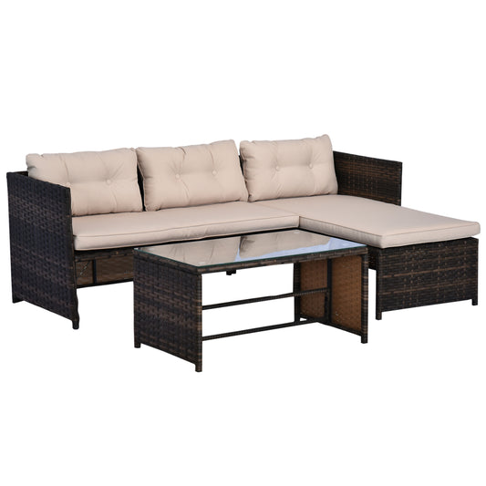 Outsunny 3 Piece Patio Furniture Set, Rattan Outdoor Sofa Set with Chaise Lounge & Loveseat, Soft Cushions, Tempered Glass Table, L-Shaped Sectional Couch, Beige