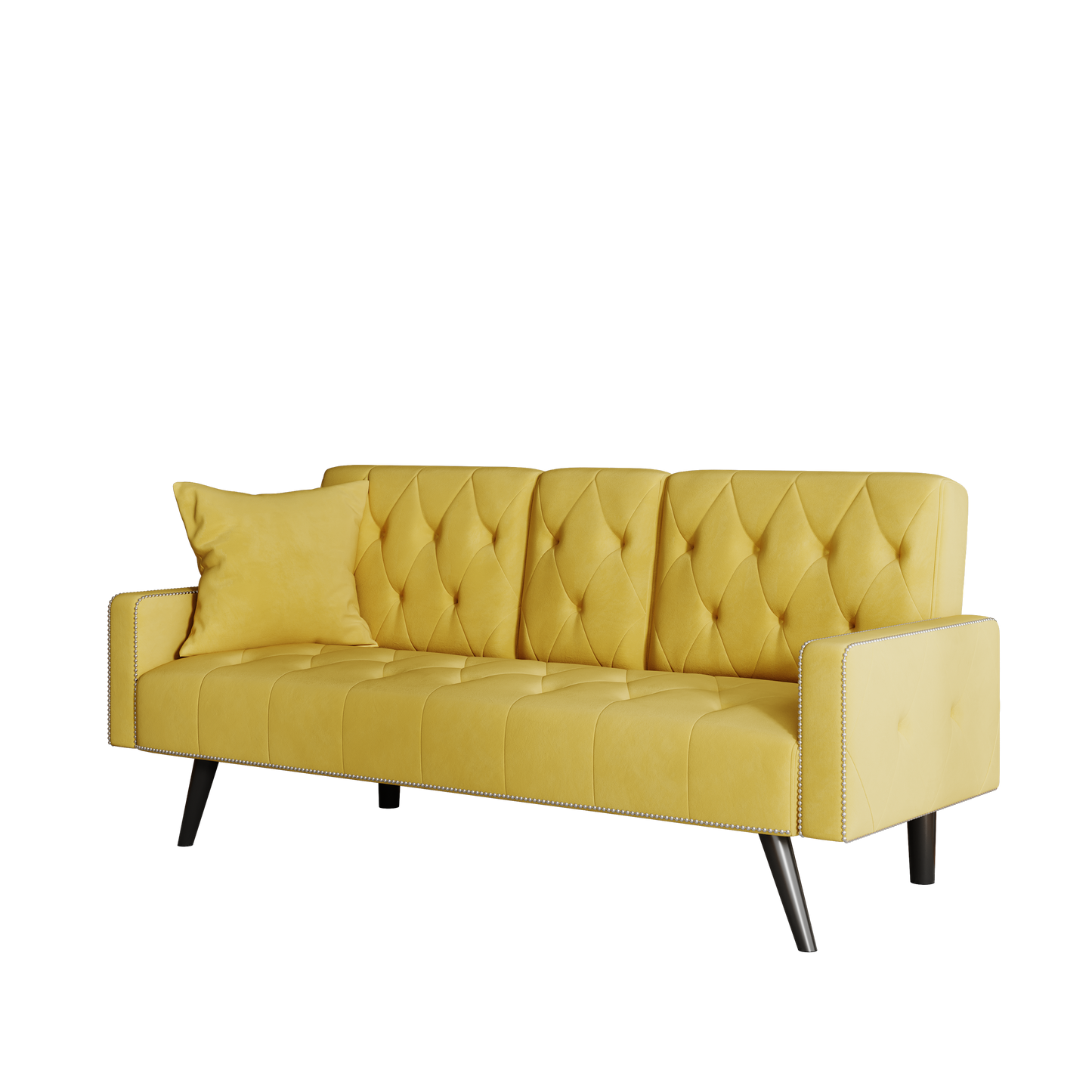 Compact Yellow Velvet Sofa Bed with Nailhead Trim Armrests & Dual Cup Holders - Perfect for Small Spaces, 72-Inch Length