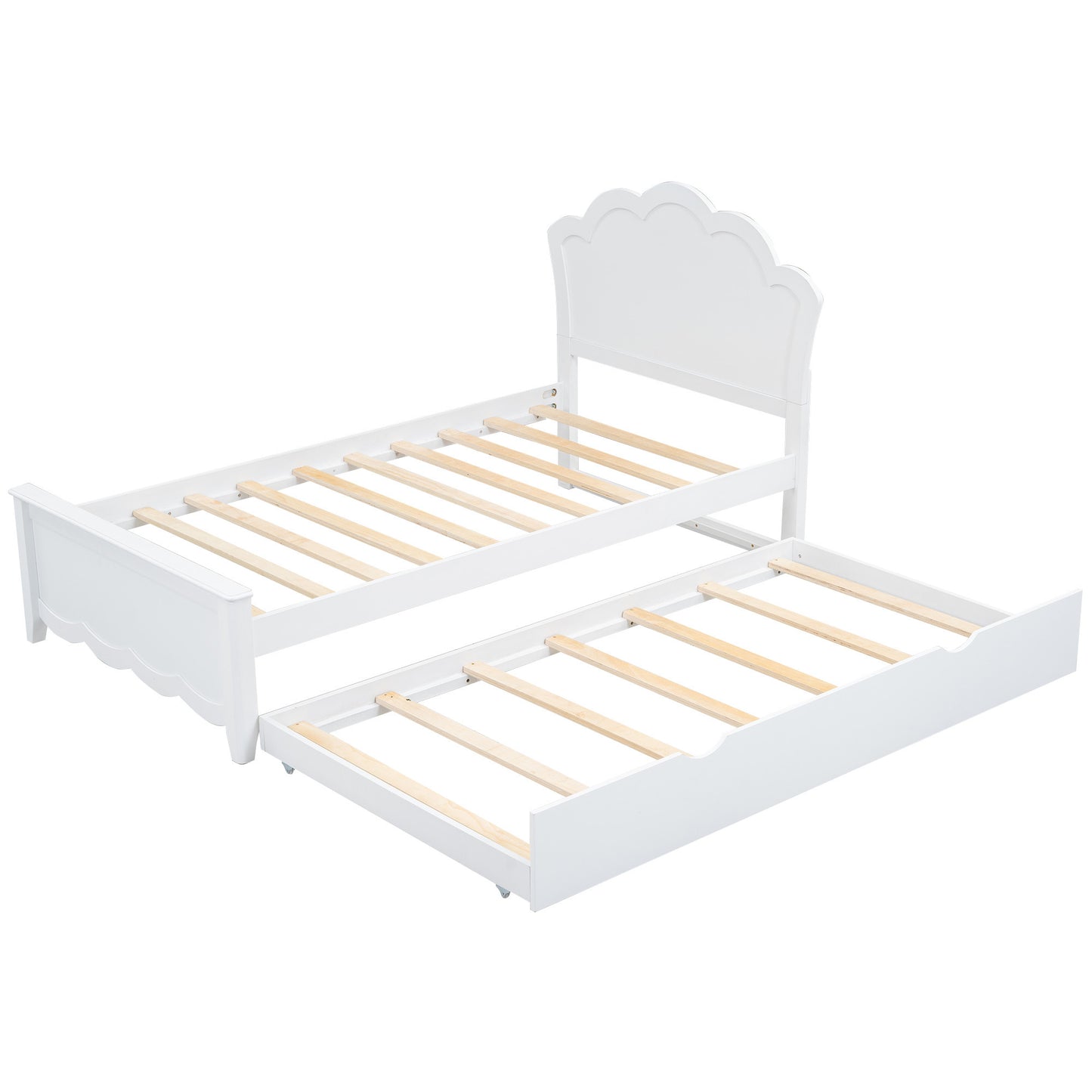 Twin Size Wood Platform Bed with Headboard and Twin Size Trundle, White