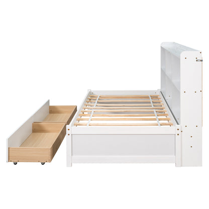 Twin Bed with Side Bookcase, Drawers,White