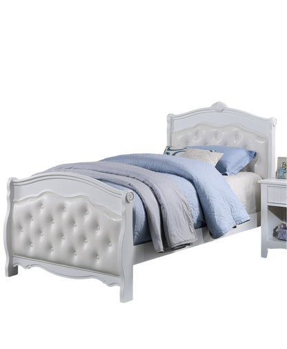 White Twin Size Bed Youth Bedroom Furniture White Faux Leather Headboard Footboard Plywood 1pc Bedframe