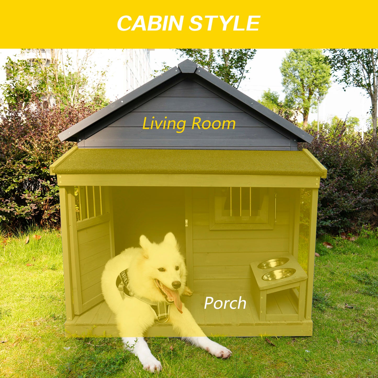 Large dog house, long 44.2" x wide 44.6" x high 44.6" Solid wood asphalt roof dog house with large terrace for large dogs, weatherproof large dog house (improved),Small wooden doors that can be locked