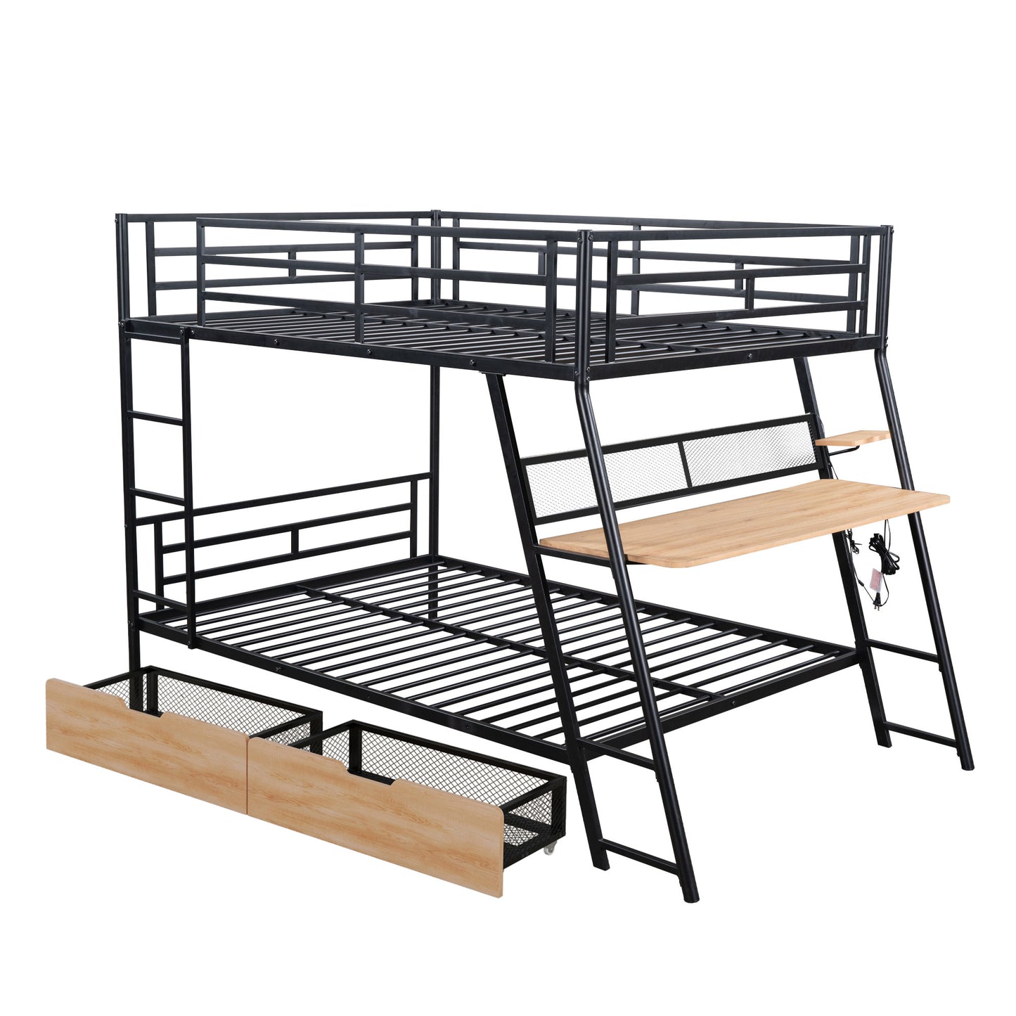 Full Size Metal Bunk Bed with Built-in Desk, Light, and 2 Drawers in Black Metal & MDF, 78''L x 57''W x 64.3''H