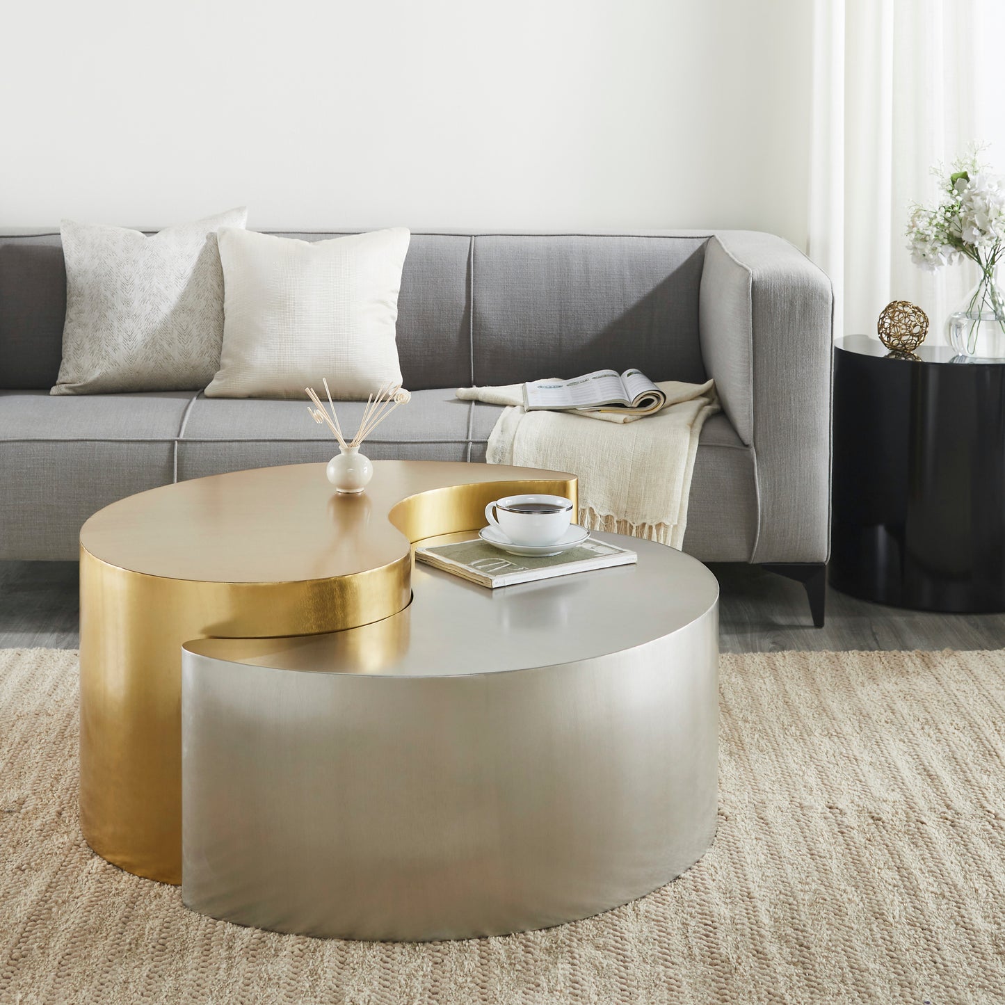 YING YANG Modern & Contemporary Style Coffee Table Made with Iron Sheet Frame in Gold & Silver      same asG150108938  (NJ inventory)