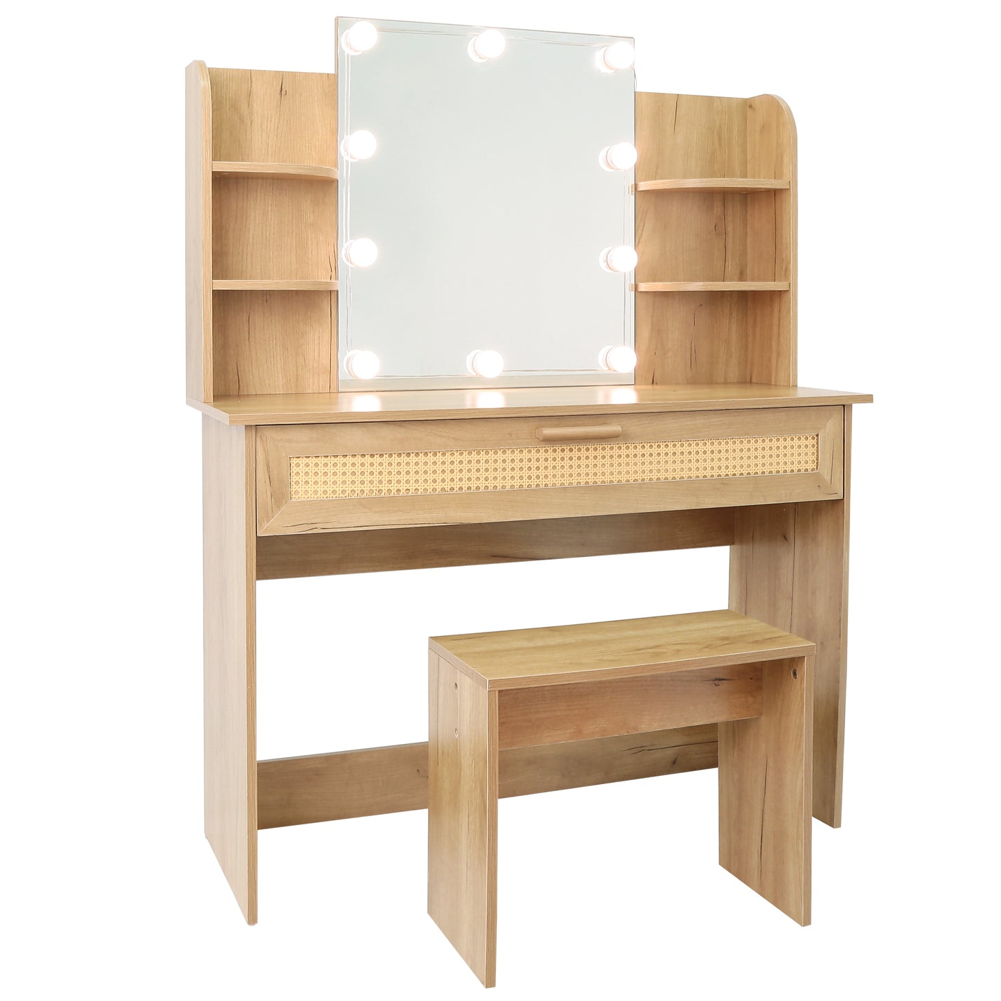 Vanity Desk Set Stool & Dressing Table with LED Lighting Mirror Drawer and Compartments Modern Wood Cosmetic Table Chest of Drawers Nature Color