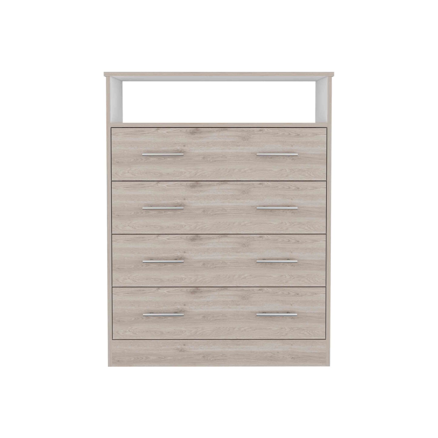 Peru L Four Drawer Dresser, Superior Top, One Open Shelf -Light Gray / White