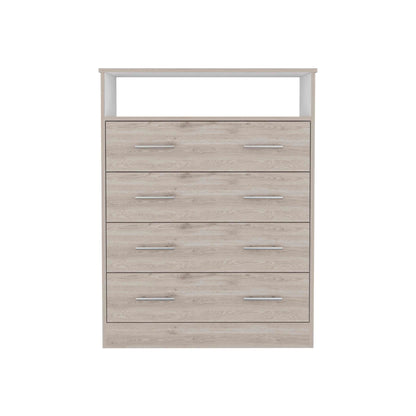 Peru L Four Drawer Dresser, Superior Top, One Open Shelf -Light Gray / White