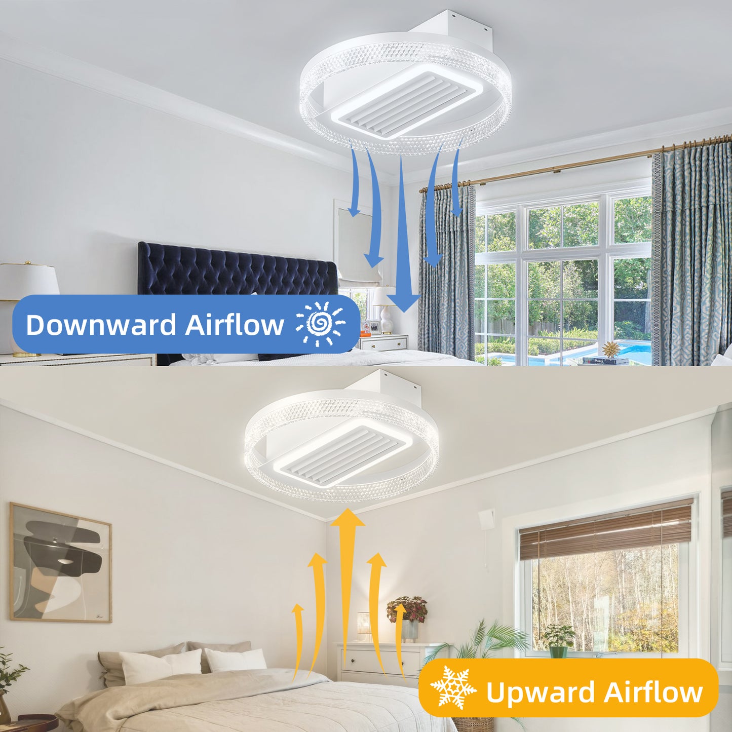 20inch Modern Leafless Ceiling Fan with Remote Control Removable and Washable, Reversible Motor