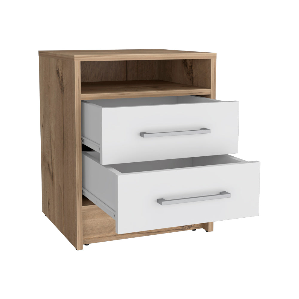 Nightstand Cartiz, Two Drawers, White / Light Oak Finish