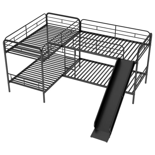 Mission Style Twin Size L-Shaped Bunk Bed with Slide and Ladder, Black Metal Frame, 117.1''L x 100''W x 57.2''H