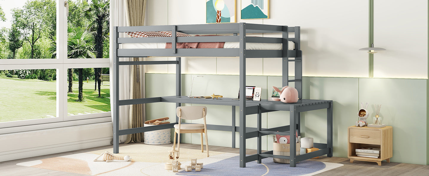 Full Size High Loft Bed with Built-in Desk, Ladder Platform, Ladders, Guardrails ,Grey