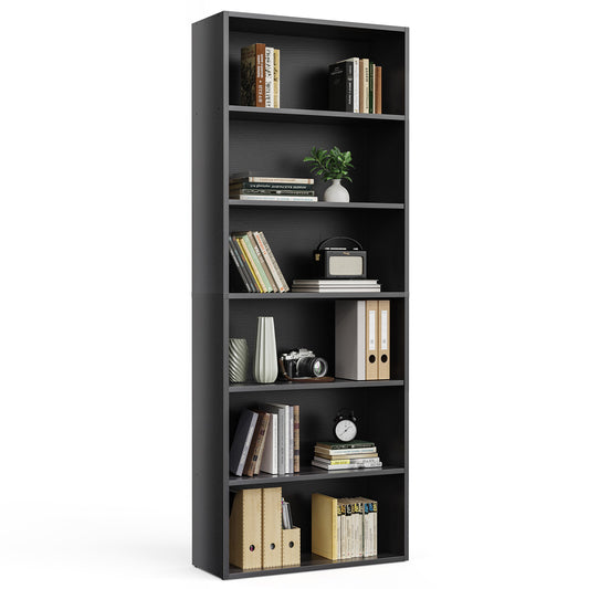 Industrial 6 Shelf Bookcase - Large 53 Inch Tall Floor Standing Open Bookshelf for Home Office, Living Room, and Bedroom Storage, Black