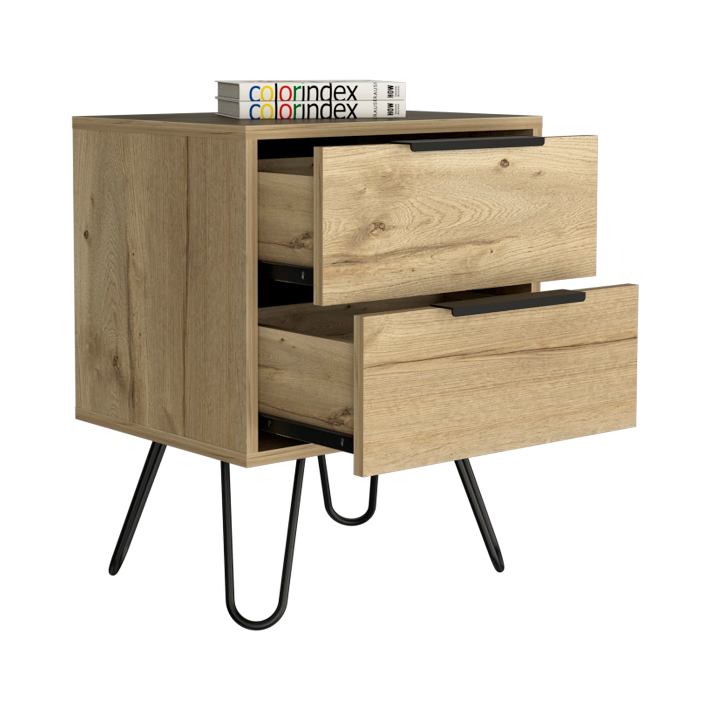 Nuvo Nightstand,Two Drawers, Hairpin Legs