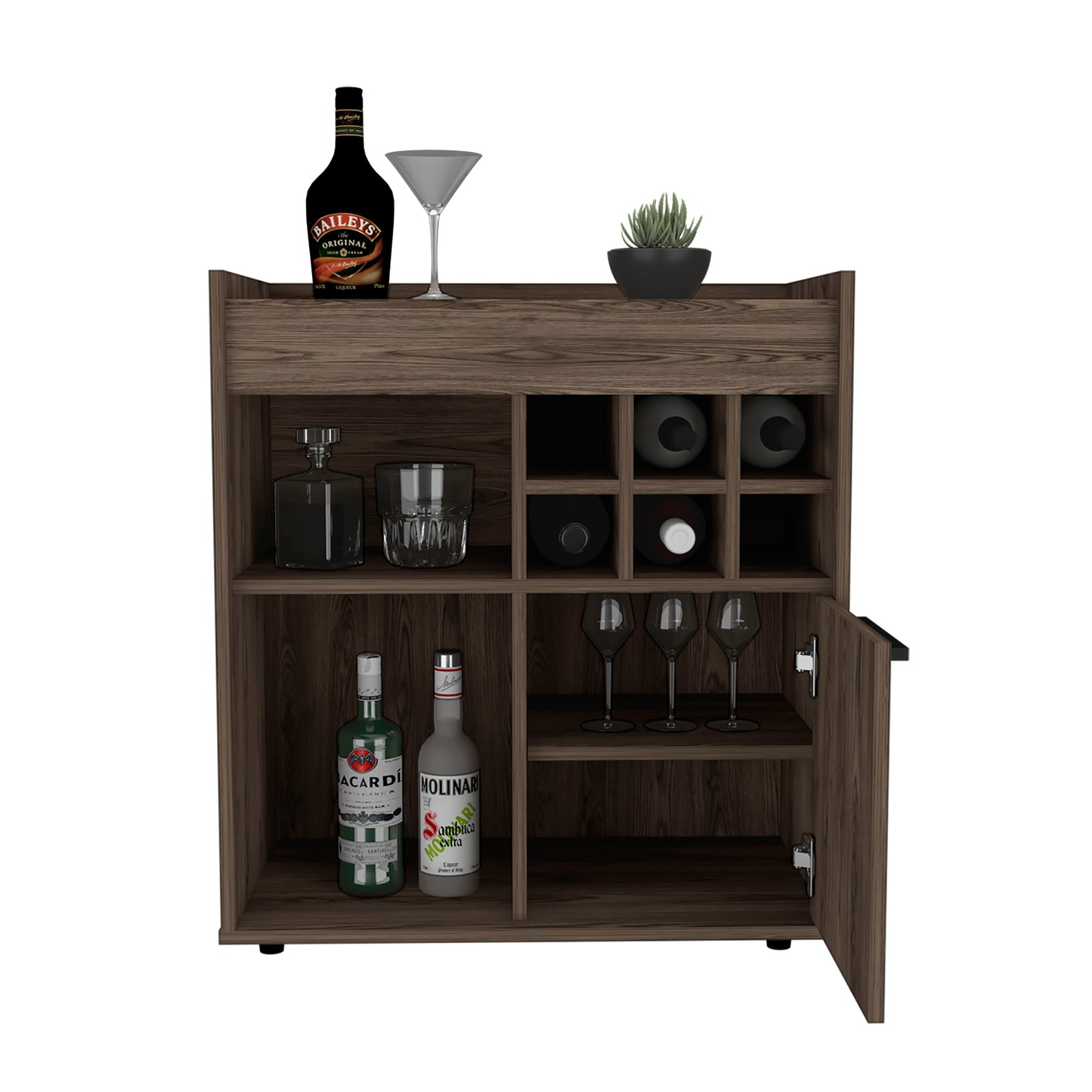 Bar- coffee cart 29" H, cabinet storage, with 6 bottle racks, a central shelf covered by 1 wood door, ideal for storing glasses and snacks, Dark Walnut