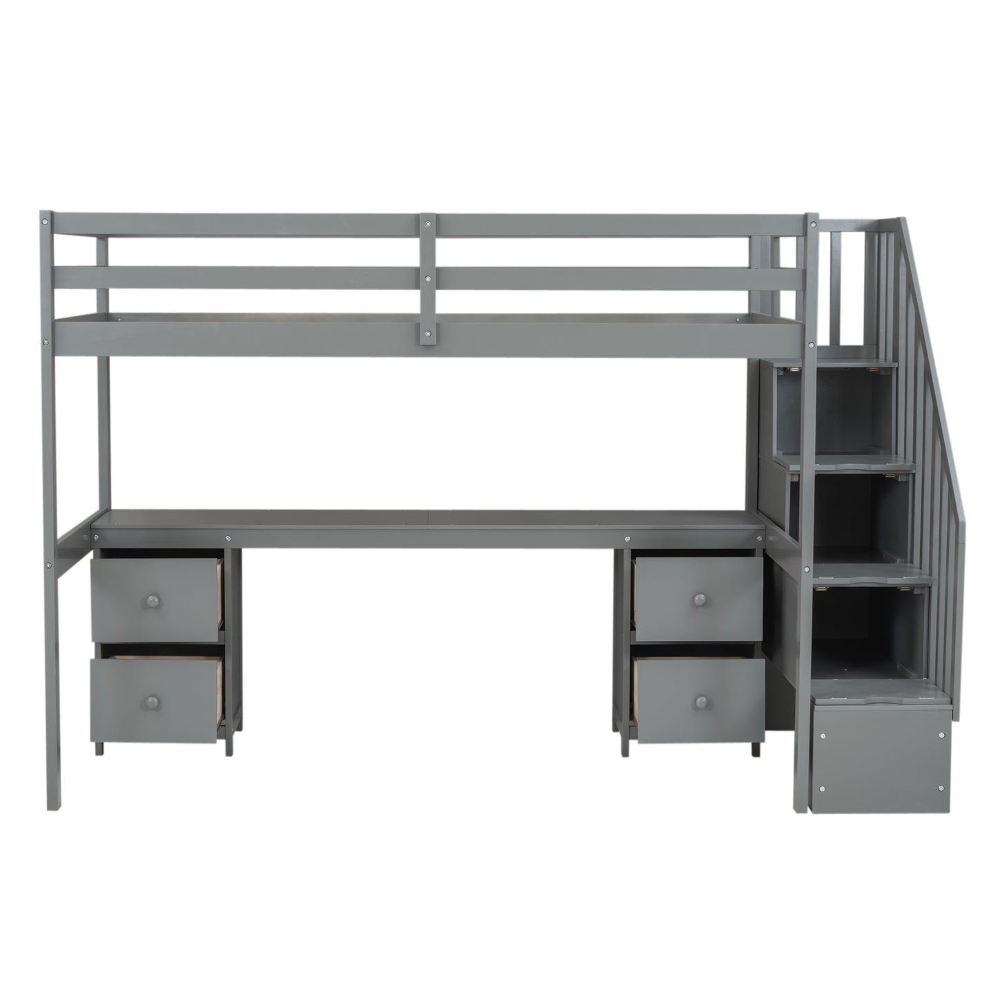 Gray Twin Size Loft Bed Frame with Built-in Desk and Double Storage Drawers, Solid Pine Wood and MDF Construction