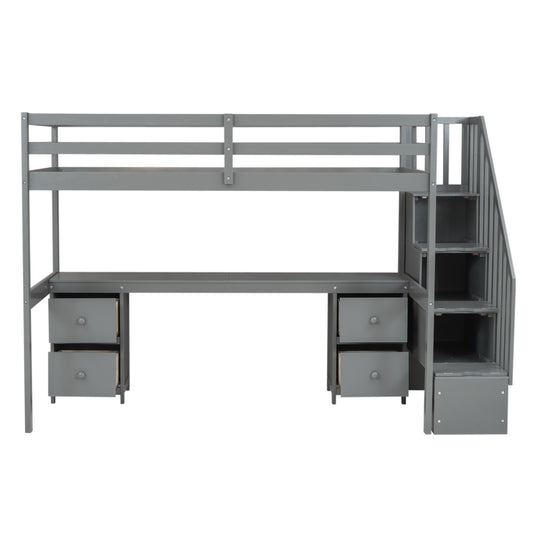 Gray Twin Size Loft Bed Frame with Built-in Desk and Double Storage Drawers, Solid Pine Wood and MDF Construction