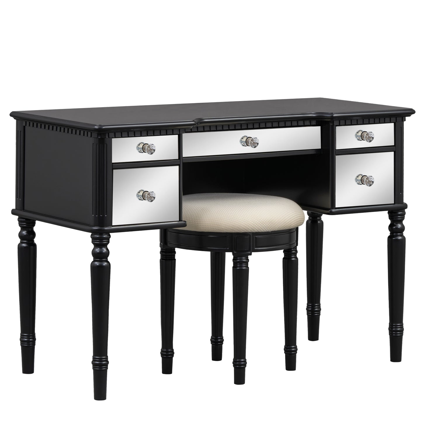 GO 43" Dressing Table Set with Mirrored Drawers and Stool, Tri-fold Mirror, Makeup Vanity Set for Bedroom, Black