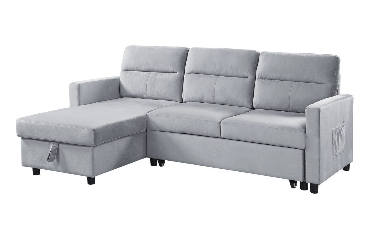 Ivy 81.5" Light Gray Velvet Reversible Sleeper Sectional Sofa with Storage Chaise and Side Pocket