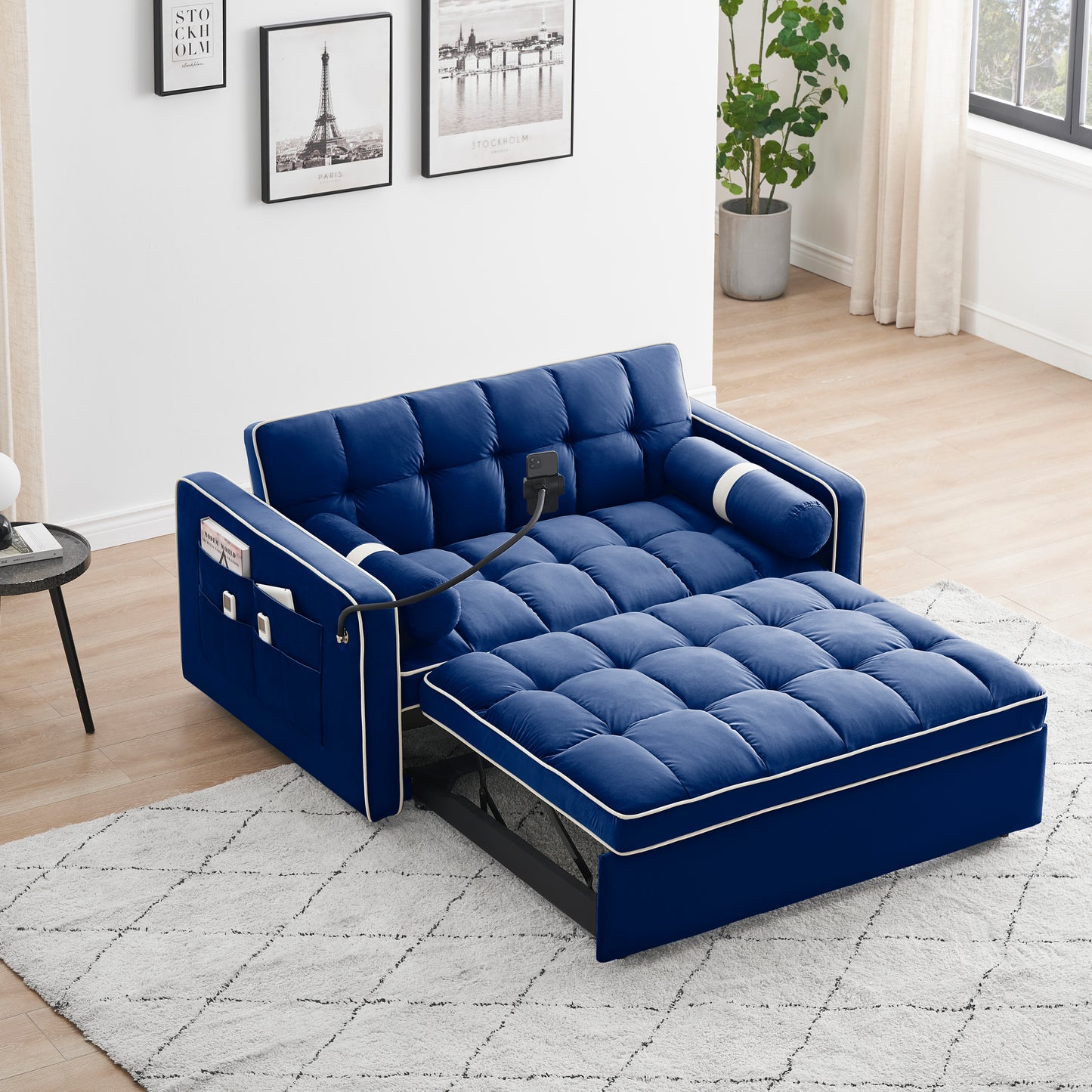 Sleeper Sofa Couch w/Pull Out Bed, 55" Modern Velvet Convertible Sleeper Sofa Bed, Small Love seat Sofa Bed w/Pillows & Side Pockets for Small Space, Living Room, Apartment,Blue