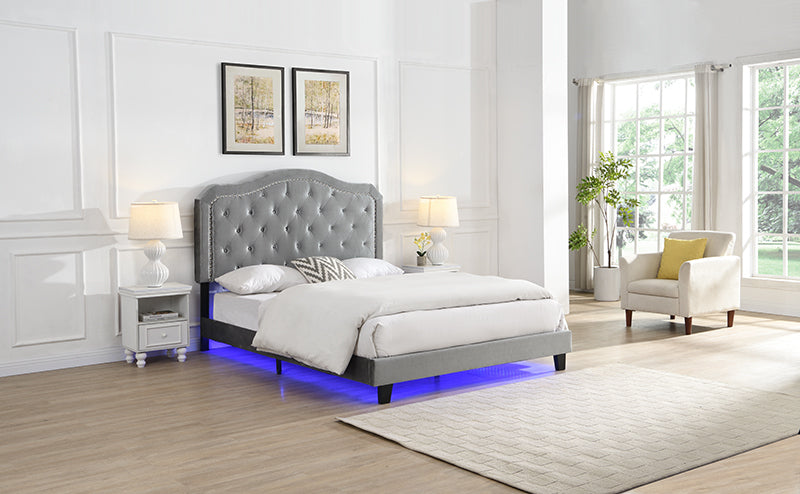 Upholstered Bed Button Tufted with Curve Design - Strong Wood Slat Support - Easy Assembly - Light Grey Velvet - With LED light-platform bed - Queen