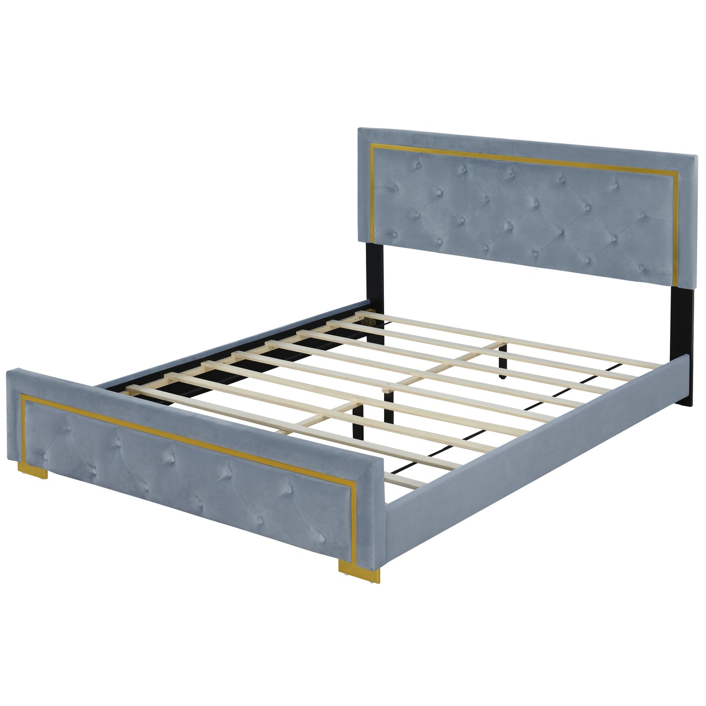 Queen Size Upholstered Platform Bed With Pull Point Headboard And Metal Wire Frame At The Head And Foot Of The Bed, Metal Feet, Velvet, Gray