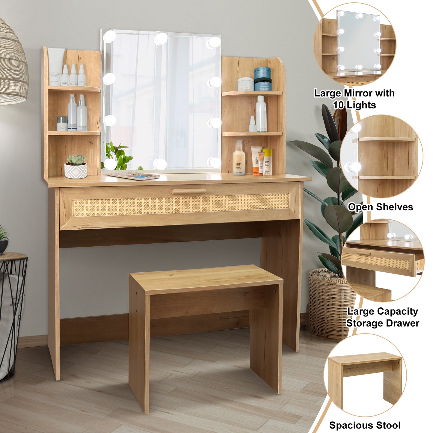 Vanity Desk Set Stool & Dressing Table with LED Lighting Mirror Drawer and Compartments Modern Wood Cosmetic Table Chest of Drawers Nature Color