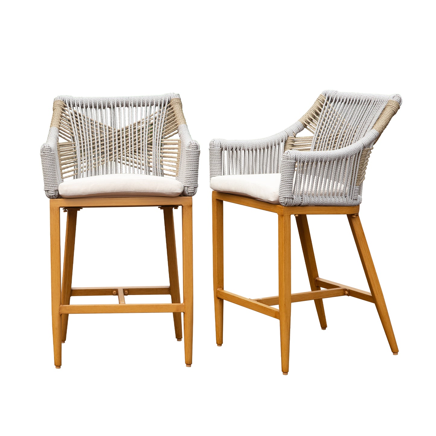 Bar Stools Set of 2, Outdoor Counter Height Bar Chairs with Arm and Backrest, Aluminum Tall Bar stools with Cushion Modern Textilene Rope Boho Barstools for Garden, Pool, Patio, Kitchen-Square Backres