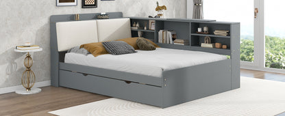 Wood Full Size platform bed with Trundle, Shelves and Storage Headboard, Gray