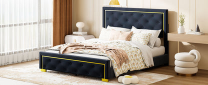 Queen Size Upholstered Platform Bed With Pull Point Headboard And Metal Wire Frame At The Head And Foot Of The Bed, Metal Feet, Velvet, Black