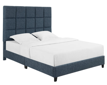 Queen Size Navy Blue Denim Squares Upholstered Platform Bed