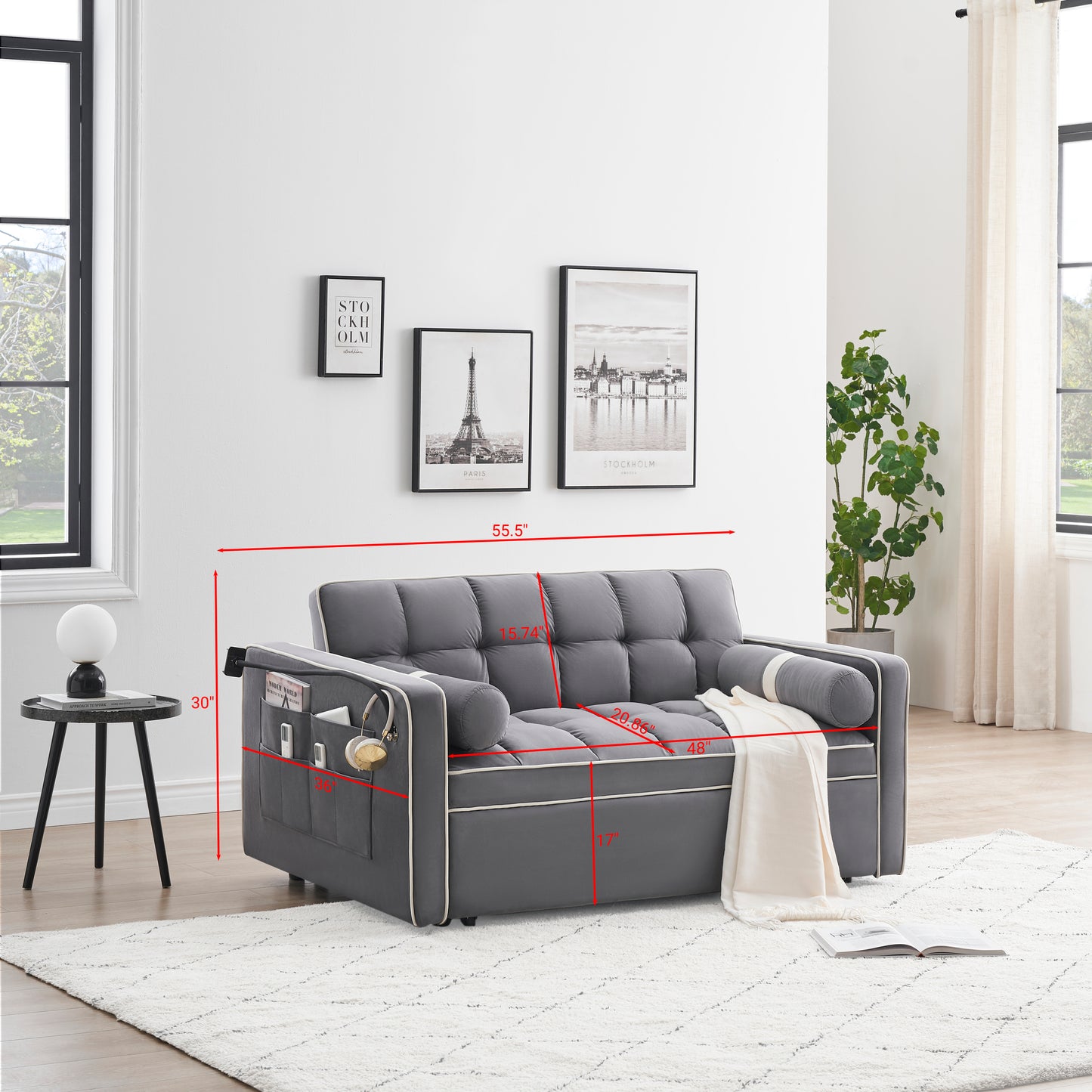 Sleeper Sofa Couch w/Pull Out Bed, 55" Modern Velvet Convertible Sleeper Sofa Bed, Small Love seat Sofa Bed w/Pillows & Side Pockets for Small Space, Living Room, Apartment,Gray