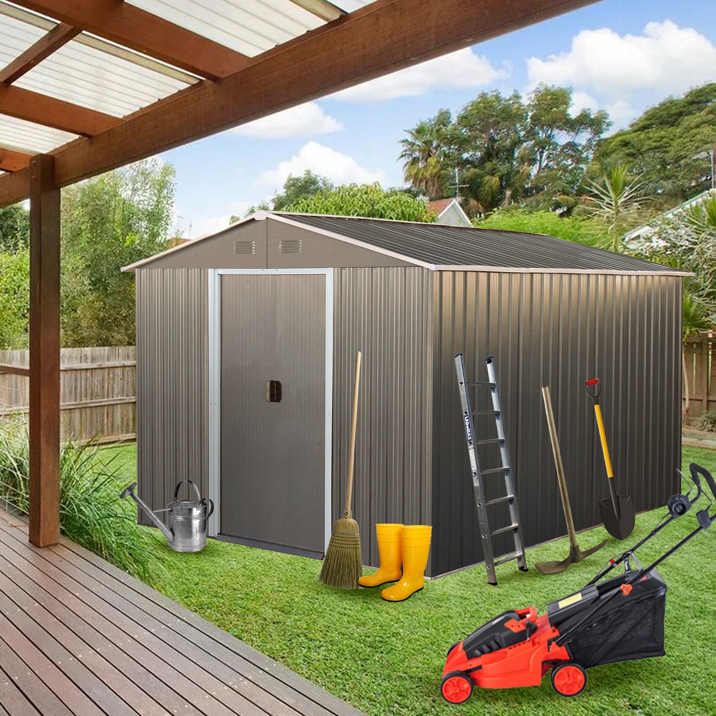 8x10ft Outdoor Metal Storage Shed with metal foundation Gray