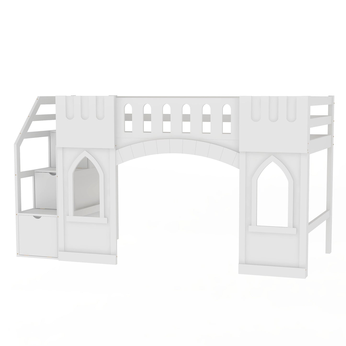 White Twin Size Loft Bed with Storage Staircase and Windows, Pinewood and MDF Construction