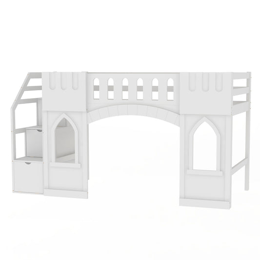 White Twin Size Loft Bed with Storage Staircase and Windows, Pinewood and MDF Construction