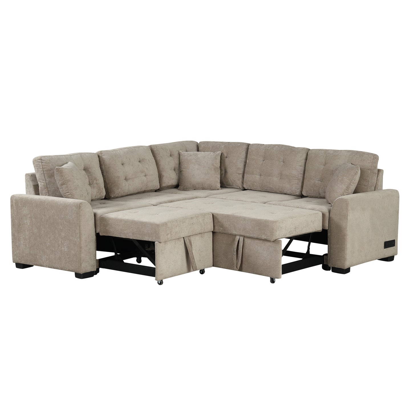 82.6" L-shape Sofa Bed Pull-out Sleeper Sofa with Wheels, USB Ports, Power Sockets for Living Room (SG001230AA), Khaki