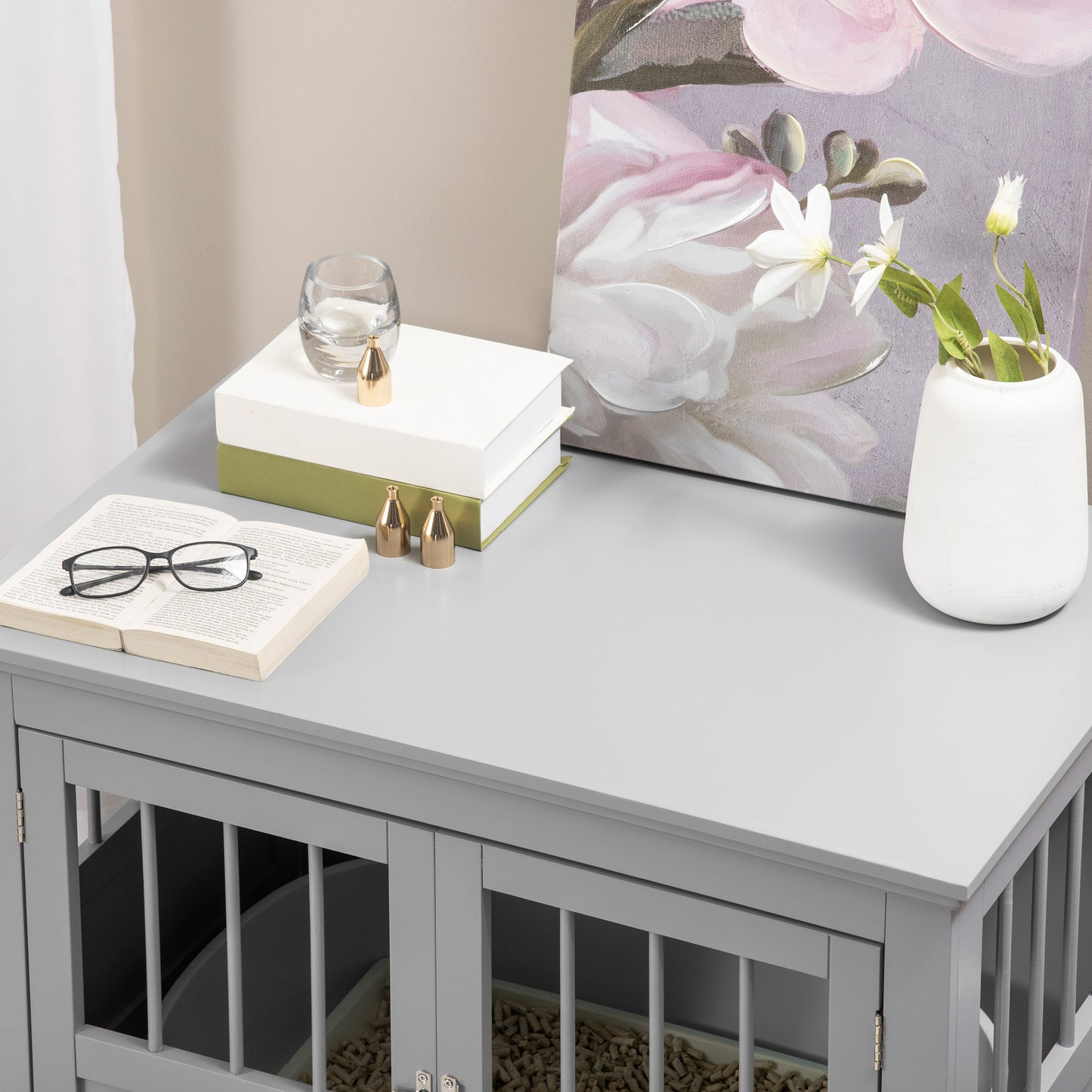 PawHut Dog Crate End Table with Triple Doors, Wooden Dog Crate Furniture Indoor Use, Puppy Crate with and Steel Tubes, for Small Dogs, Pewter Gray