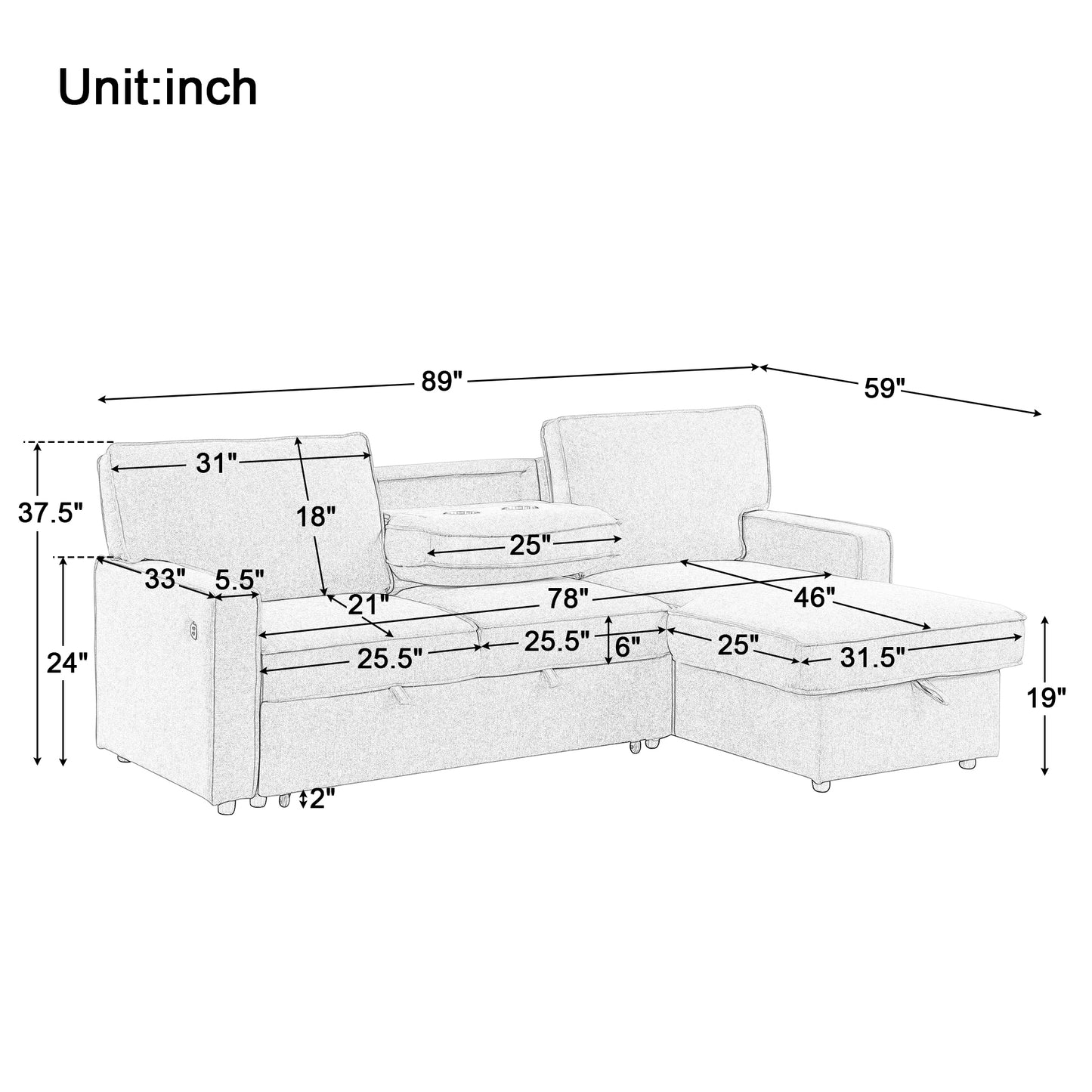 U_STYLE Upholstery Sleeper Sectional Sofa with Storage Space, USB port, 2 cup holders on Back Cushions(same sku; WY000335AAE)