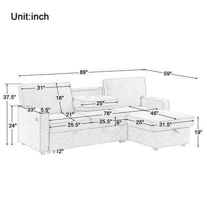 U_STYLE Upholstery Sleeper Sectional Sofa with Storage Space, USB port, 2 cup holders on Back Cushions(same sku; WY000335AAE)