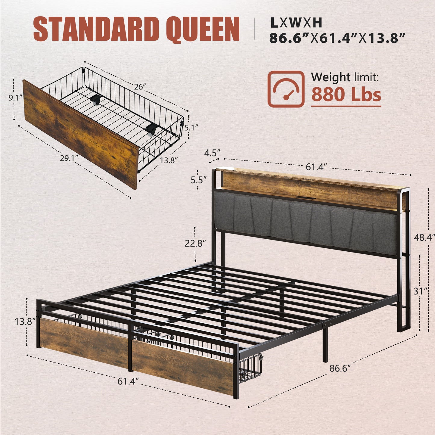 Queen Size Bed Frame Upholstered Platform Bed Frame with Storage Drawers, USB Ports, LED Lights, Upholstered Wingback Headboard, Rustic Brown