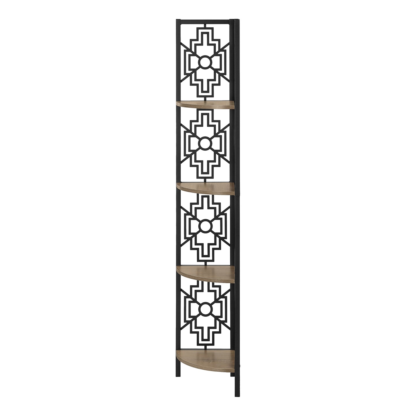 Bookshelf, Bookcase, Etagere, Corner, 4 Tier, 62"h, Office, Bedroom, Brown Laminate, Black Metal, Transitional