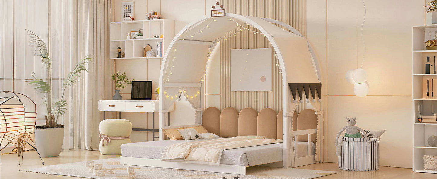 Twin Size Extended Bed With Arched Roof and Trundle, White