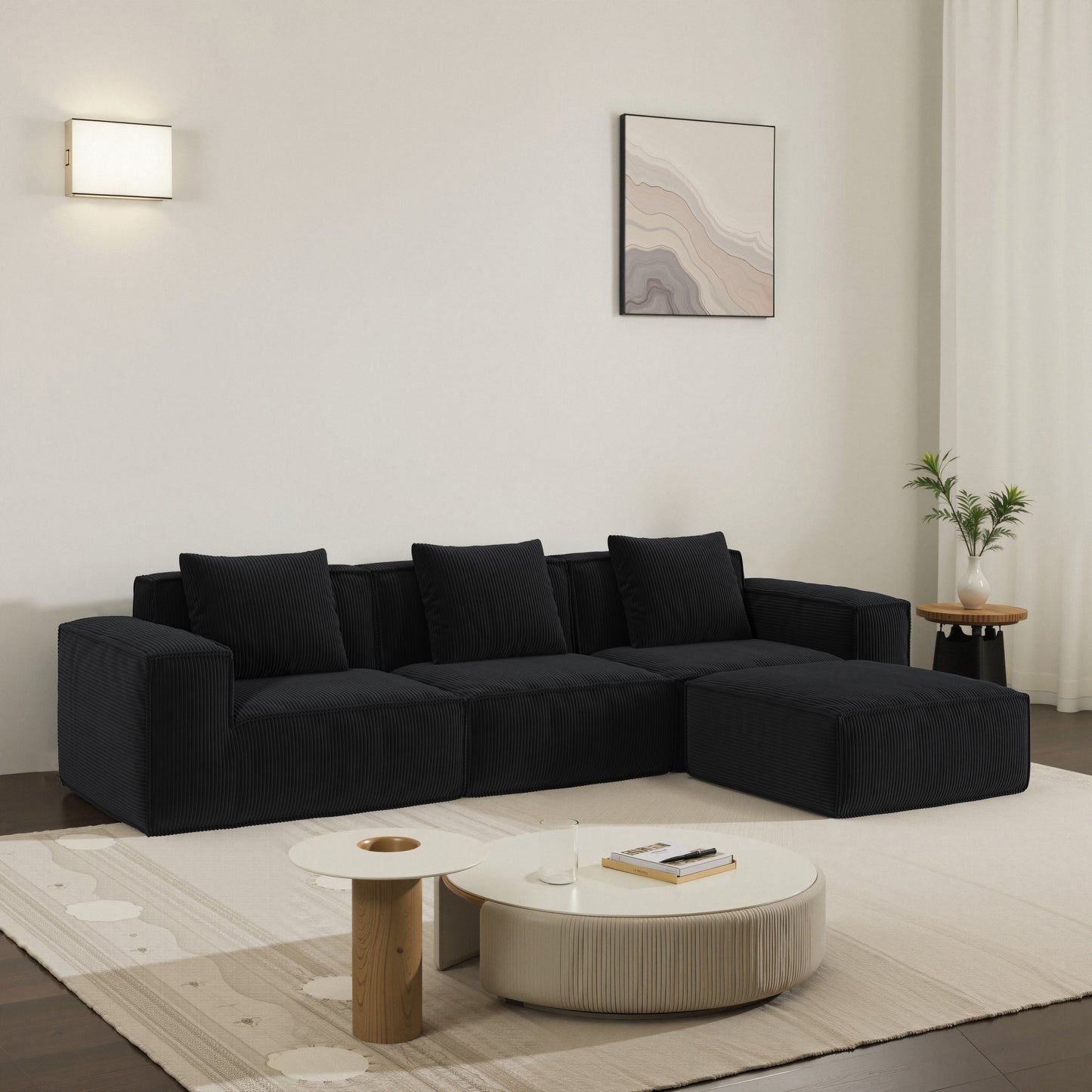 118-inch modular sofa can be converted into an oversized sofa bed Free conversion sofa set flexible configuration, soft corduroy cloud velvet fabric Three-person combination with footrest -black
