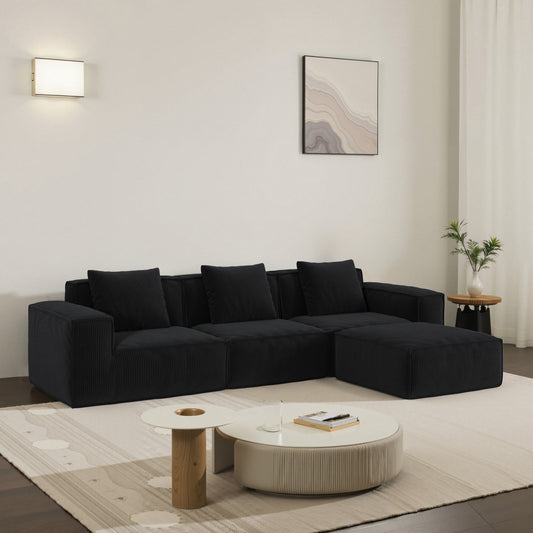 118-inch modular sofa can be converted into an oversized sofa bed Free conversion sofa set flexible configuration, soft corduroy cloud velvet fabric Three-person combination with footrest -black