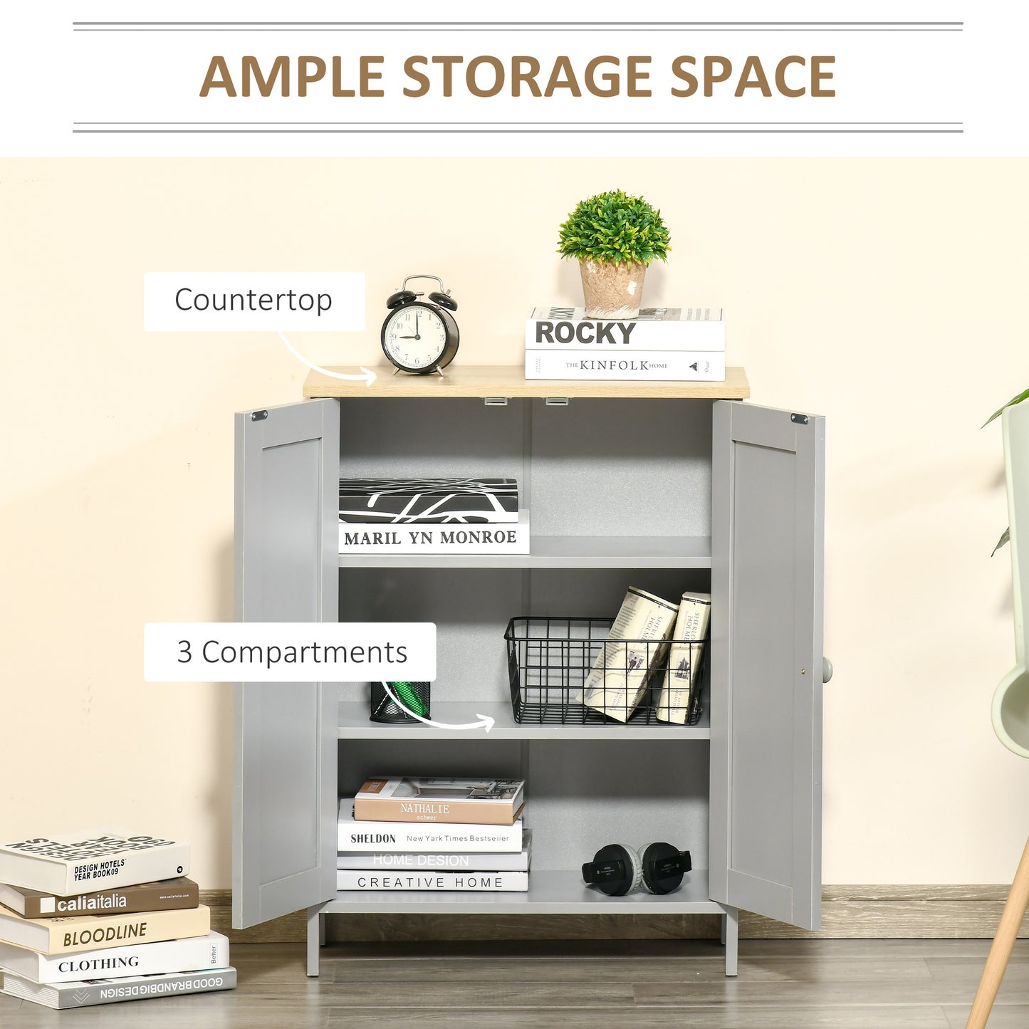 HOMCOM Storage Cabinet, Double Door Cupboard with 2 Adjustable Shelves, for Living Room, Bedroom, or Hallway, Grey