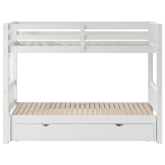 White Twin Over Pull-out Bunk Bed with Trundle, Pine Wood and MDF, 78.9''L x 116''W x 59.6''H