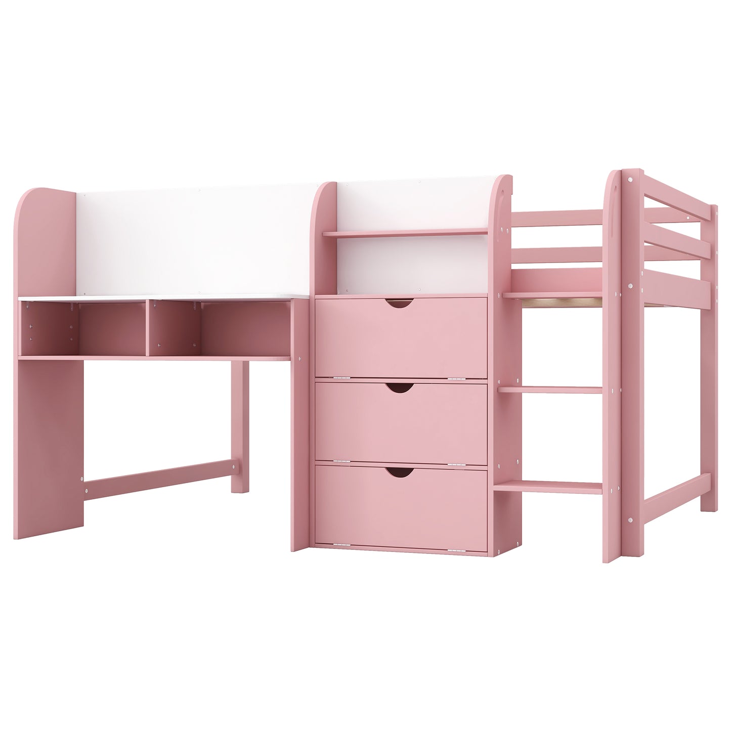 Pink Full Size Low Loft Bed with Built-in Desk, Storage Cabinets, Open Bookcase and Doodle Whiteboard, Solid Pine and MDF