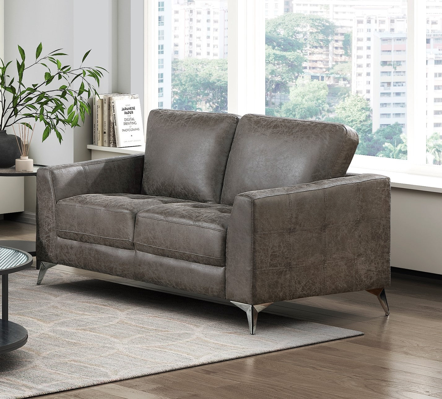 Elegant Modern Style 2pc Sofa Set Brownish Gray Polished Microfiber Upholstery Sofa Loveseat Set Solid Wood Living Room Furniture Silver Finish Metal Legs