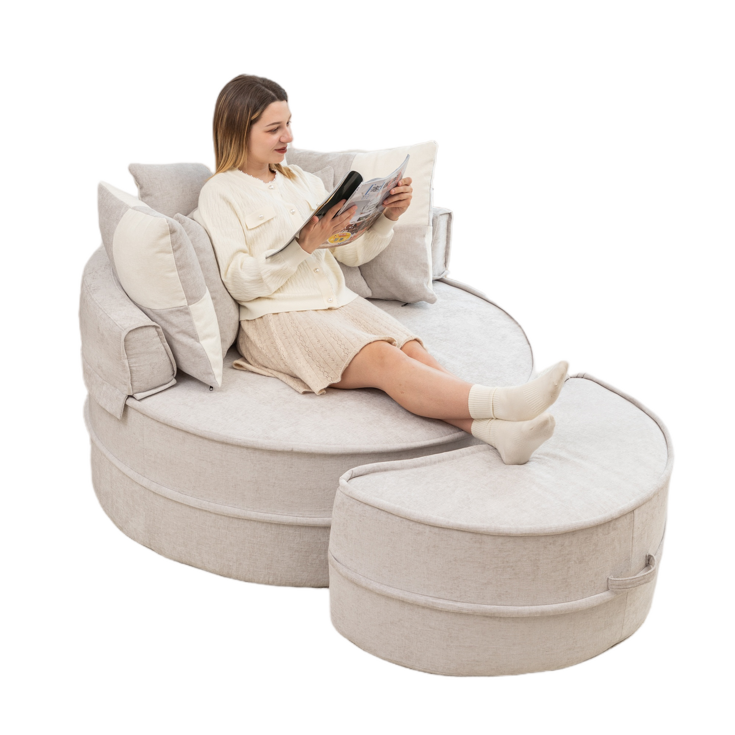 Modern Oversized  Gray Round Barrel Accent Chair with Ottoman – Velvet Upholstered Lounge Armchair with 5 Pillows for Living Room or Bedroom