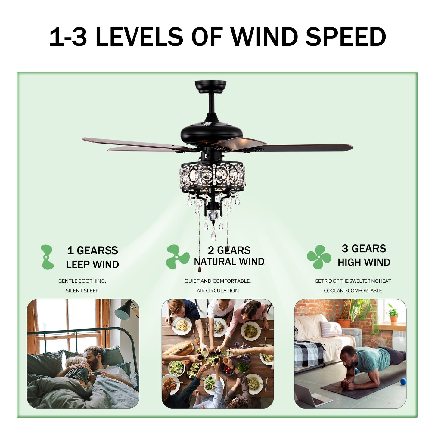 52'' Crystal Shade Ceiling Fan Lamp With Remote Control,3 Speed ,4 Timing , 5 Reversible Blades Crystal Ceiling Fan ,3PCS*E12  (NO Include Bulb) --  Hand Pull Chain